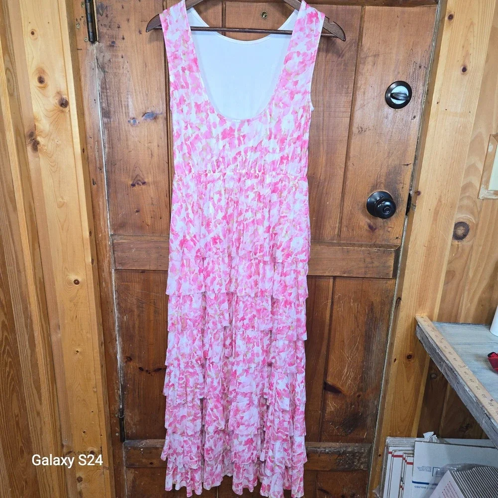 Vince Camuto Pink Floral Tiered Ruffle Maxi Dress Sleeveless XS Watercolor Print